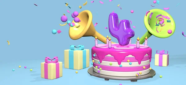 濃い紫の数字4のピンクの誕生日ケーキと ギフトボックスに囲まれた金属板のキャンドルは パステルブルーの背景にコンフェッティと球体を放出します 3Dイラスト — ストック写真