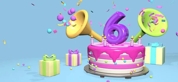 濃い紫色の数字6のピンクの誕生日ケーキと パステルブルーの背景にコンフェッティと球体を排出角を持つギフトボックスに囲まれた金属板のキャンドル 3Dイラスト — ストック写真