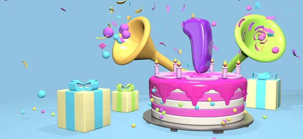 濃い紫色のナンバー1のピンクの誕生日ケーキと ギフトボックスに囲まれた金属板のキャンドルは パステルブルーの背景にコンフェッティと球体を放出します 3Dイラスト — ストック写真