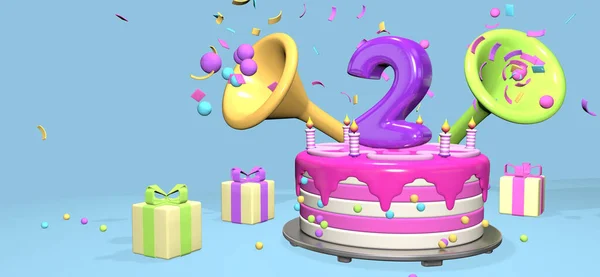 Roze Verjaardagstaart Met Dikke Paarse Nummer Kaarsen Metalen Plaat Omgeven — Stockfoto