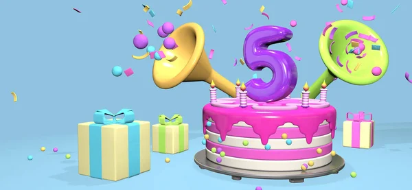 ピンクの誕生日ケーキに濃い紫色の数字5と ギフトボックスに囲まれた金属板のキャンドルは パステルブルーの背景にコンフェッティと球体を放出します 3Dイラスト — ストック写真
