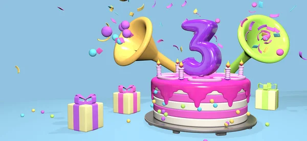 Pink Birthday Cake Thick Purple Number Candles Metallic Plate Surrounded — Stockfoto