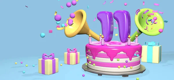 Pink Birthday Cake Thick Purple Number Candles Metallic Plate Surrounded — Stock Photo, Image