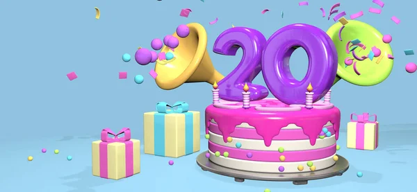 Gâteau D'anniversaire De 20 Ans Avec Bougies Allumées Et Bannière  D'anniversaire De Confettis