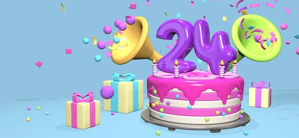 Roze Verjaardagstaart Met Dikke Paarse Nummer Kaarsen Metalen Plaat Omgeven — Stockfoto