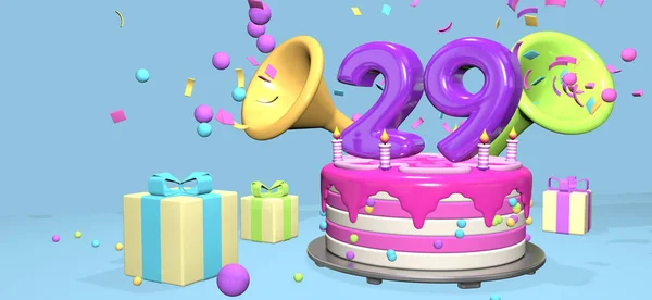 ピンクの誕生日ケーキに濃い紫色の番号29と ギフトボックスに囲まれた金属板のキャンドルは パステルブルーの背景にコンフェッティと球体を放出します 3Dイラスト — ストック写真