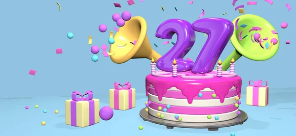 Pink Birthday Cake Thick Purple Number Candles Metallic Plate Surrounded — Stockfoto