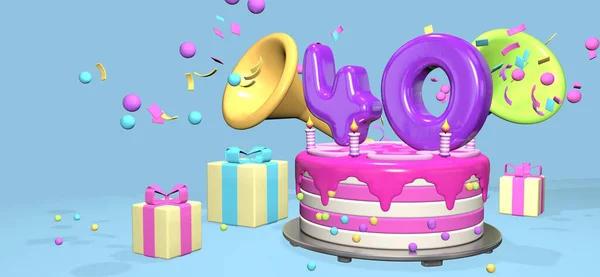 Pink birthday cake with thick purple number 40 and candles on metallic plate surrounded by gift boxes with horns ejecting confetti and spheres on pastel blue background. 3D Illustration