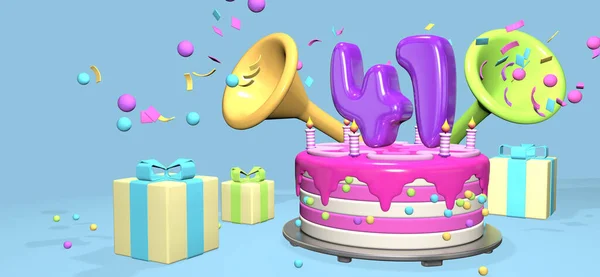 Różowy Tort Urodzinowy Grubą Purpurową Liczbą Świece Metalowej Talerzu Otoczone — Zdjęcie stockowe