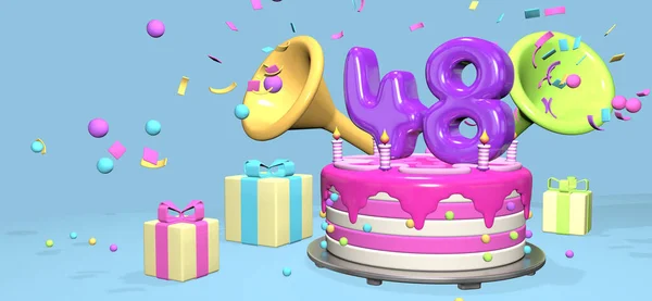 ピンクの誕生日ケーキに濃い紫色の番号48と ギフトボックスに囲まれた金属板のキャンドルは パステルブルーの背景にコンフェッティと球体を放出します 3Dイラスト — ストック写真