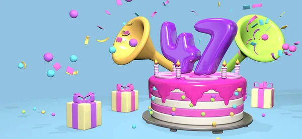 Pink Birthday Cake Thick Purple Number Candles Metallic Plate Surrounded — Stock Photo, Image