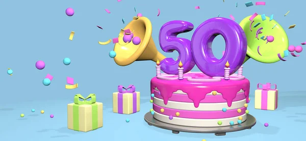 ピンクの誕生日ケーキで 濃い紫の数字50と ギフトボックスに囲まれた金属板の上のキャンドルは パステルブルーの背景にコンフェッティと球体を放出します 3Dイラスト — ストック写真