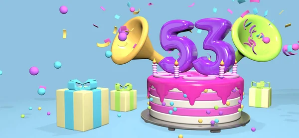 Pink Birthday Cake Thick Purple Number Candles Metallic Plate Surrounded — Stock Photo, Image
