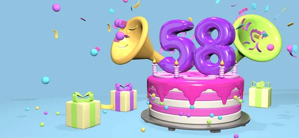 ピンクの誕生日ケーキには 濃い紫色の数字の58と パステルブルーの背景にコンフェッティと球を放つ角のギフトボックスに囲まれた金属板のキャンドルがあります 3Dイラスト — ストック写真