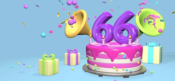 Pink Birthday Cake Thick Purple Number Candles Metallic Plate Surrounded — Stockfoto