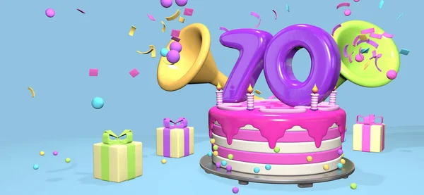 濃い紫のナンバー70のピンクの誕生日ケーキと ギフトボックスに囲まれた金属板のキャンドルは パステルブルーの背景にコンフェッティと球体を放出します 3Dイラスト — ストック写真