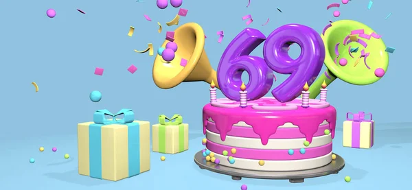 Pink Birthday Cake Thick Purple Number Candles Metallic Plate Surrounded — Stock Photo, Image