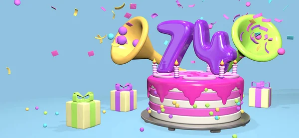 濃い紫色のナンバー74のピンクの誕生日ケーキと ギフトボックスに囲まれた金属板のキャンドルは パステルブルーの背景にコンフェッティと球体を放出します 3Dイラスト — ストック写真