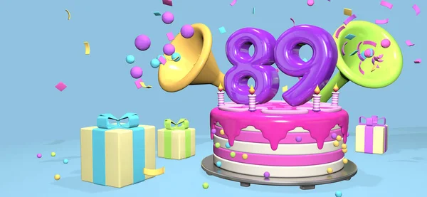 濃い紫の数字89のピンクの誕生日ケーキと パステルブルーの背景にコンフェッティと球体を排出角を持つギフトボックスに囲まれた金属板のキャンドル 3Dイラスト — ストック写真