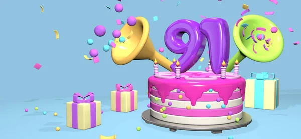 濃い紫の91番のピンクの誕生日ケーキと ギフトボックスに囲まれた金属板のキャンドルは パステルブルーの背景にコンフェッティと球体を放出します 3Dイラスト — ストック写真