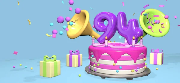 Różowy Tort Urodzinowy Grubą Purpurową Cyfrą Świece Metalowej Talerzu Otoczone — Zdjęcie stockowe