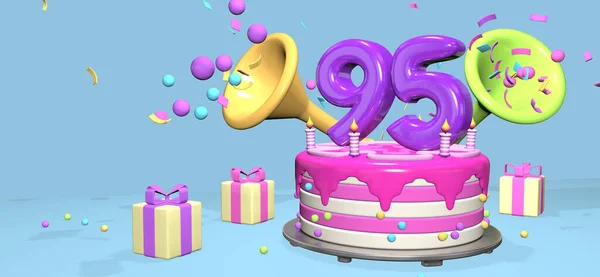 濃い紫のナンバー95のピンクの誕生日ケーキと ギフトボックスに囲まれた金属板のキャンドルは パステルブルーの背景にコンフェッティと球体を放出します 3Dイラスト — ストック写真
