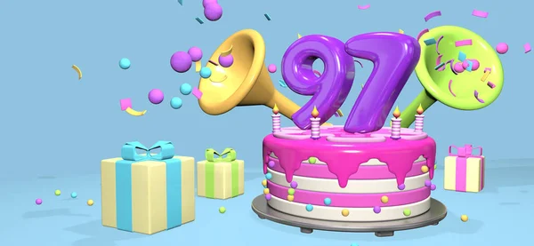 Pink Birthday Cake Thick Purple Number Candles Metallic Plate Surrounded — Stockfoto