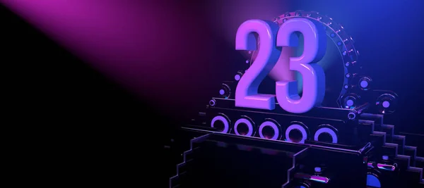 Solid Number Black Reflective Stage Stairs Adorned Circles Illuminated Blue — Stock Photo, Image