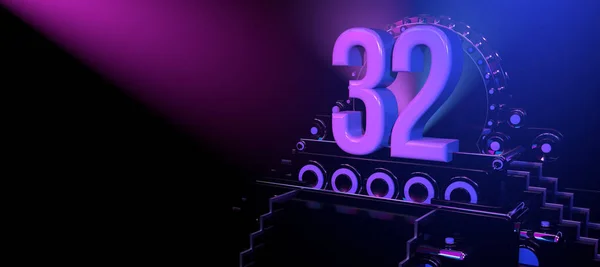 32号实心的数字在黑色的反光舞台上 圆形装饰 蓝色和红色的灯光照亮着黑色的背景 有复制空间 3D说明 — 图库照片
