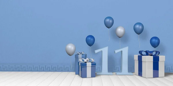 Light Blue Number Bright Blue White Gift Boxes Adorned Balloons — Stock Photo, Image