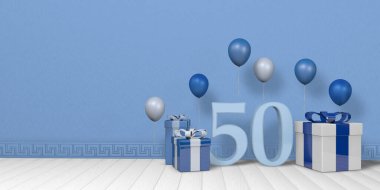 Açık mavi 50 numara, parlak mavi ve beyaz hediye kutuları arasında beyaz ahşap zemin üzerinde yüzen balonlarla süslenmiş pastel mavi duvarlı boş odada. 3B Görüntü