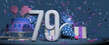 Ön taraf, beyaz, 79 numara. Doğum günü pastası, lolipoplarla süslenmiş, hediyeler ve pembe ve mor renkli konfetileri koyu mavi arka plana fırlatan borazanlı parti şapkası. 3B Görüntü