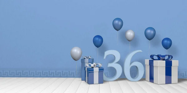 明亮的蓝色和白色礼品盒中的浅蓝色36号 上面装饰着漂浮在白色木制地板上的气球 房间里空荡荡着淡蓝色的墙壁 3D说明 — 图库照片