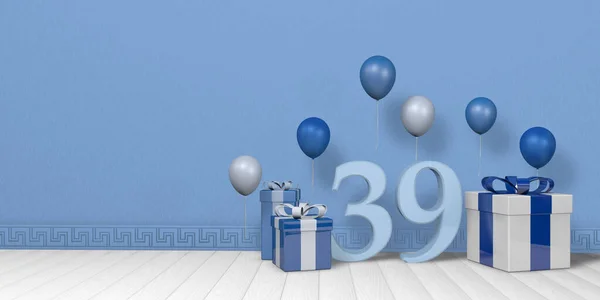 明亮的蓝色和白色礼品盒中的浅蓝色39号 上面装饰着漂浮在白色木制地板上的气球 房间里空荡荡着淡蓝色的墙壁 3D说明 — 图库照片