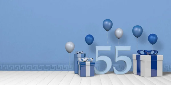 明亮的蓝色和白色礼品盒中的淡蓝色第55号 上面装饰着漂浮在白色木制地板上的气球 房间里空荡荡着淡蓝色的墙壁 3D说明 — 图库照片