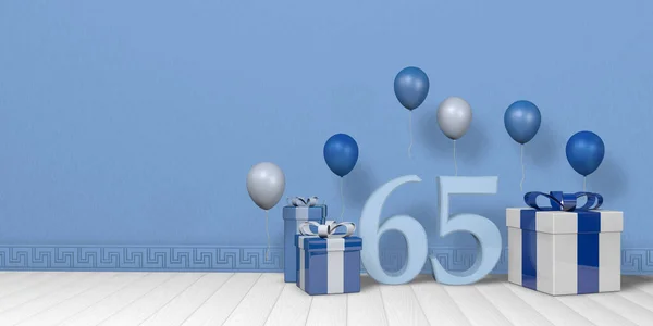 明亮的蓝色和白色礼品盒中的浅蓝色第65号 上面装饰着漂浮在白色木制地板上的气球 房间里空荡荡着淡蓝色的墙壁 3D说明 — 图库照片