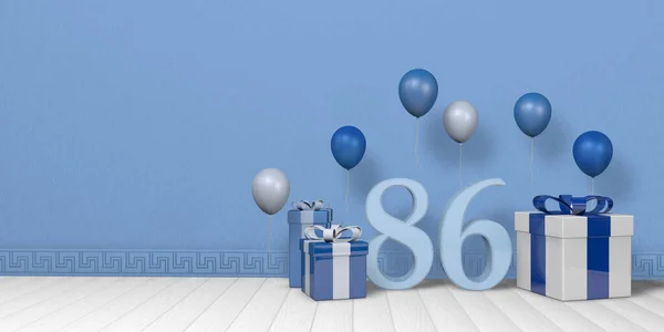 明亮的蓝色和白色礼品盒中的浅蓝色86号 上面装饰着漂浮在白色木制地板上的气球 房间里空荡荡着淡蓝色的墙壁 3D说明 — 图库照片