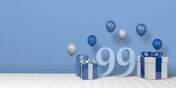 明亮的蓝色和白色礼品盒中的浅蓝色99号 上面装饰着漂浮在白色木制地板上的气球 房间里空荡荡着淡蓝色的墙壁 3D说明 — 图库照片