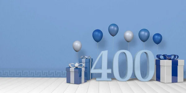 明亮的蓝色和白色礼品盒中的浅蓝色400号 上面装饰着漂浮在白色木制地板上的气球 房间里空荡荡着淡蓝色的墙壁 3D说明 — 图库照片