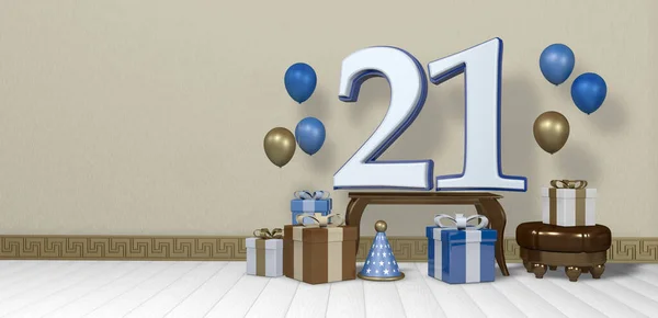 白色21号 木制桌子上有蓝色的边框 四周环绕着明亮的褐色 蓝色和白色礼品盒和气球 漂浮在空房间的木制地板上 上面贴着淡黄色的墙 3D说明 — 图库照片