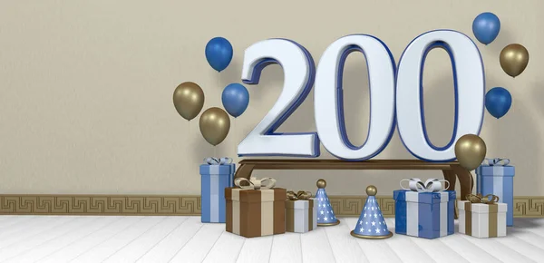 White Number 200 Blue Border Wooden Table Surrounded Bright Brown — Stock Photo, Image