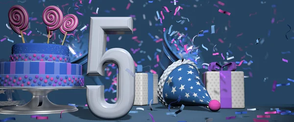 前景のソリッドホワイトナンバー5 キャンディロリポップで飾られた誕生日ケーキ ギフト 濃い青の背景にピンクと紫のコンフェッティを撃つバグル付きのパーティー帽子 3Dイラスト — ストック写真