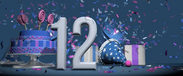 前景の白い数字12 キャンディロリポップで飾られた誕生日ケーキ ギフト 濃い青の背景にピンクと紫のコンフェッティを撃つバグル付きのパーティー帽子 3Dイラスト — ストック写真