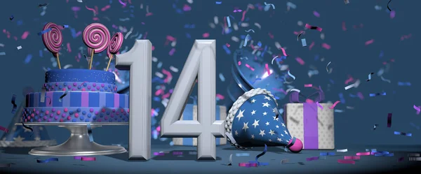 前景の白い数字14 キャンディロリポップで飾られた誕生日ケーキ ギフト 濃い青の背景にピンクと紫のコンフェッティを撃つバグル付きのパーティー帽子 3Dイラスト — ストック写真