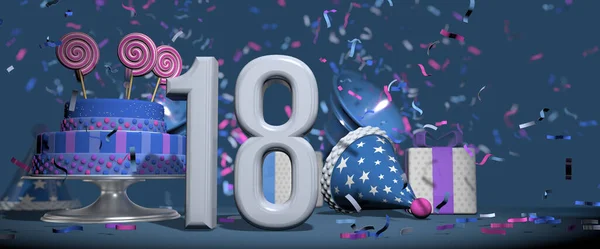 前景の白い数字18 キャンディロリポップで飾られた誕生日ケーキ ギフト 濃い青の背景にピンクと紫のコンフェッティを撃つバグル付きのパーティー帽子 3Dイラスト — ストック写真