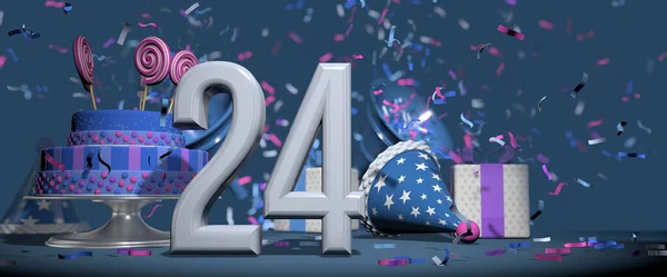 前景の白い数字24 キャンディロリポップで飾られた誕生日ケーキ ギフト 濃い青の背景にピンクと紫のコンフェッティを撃つバグル付きのパーティー帽子 3Dイラスト — ストック写真