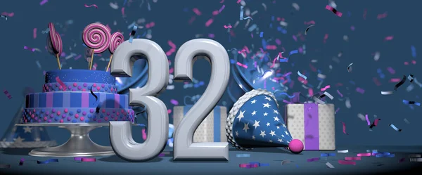 Foreground solid white number 32, birthday cake adorned with candy lollipops, gifts and party hat with bugles shooting out pink and purple confetti against dark blue background. 3D Illustration