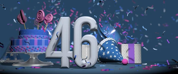 前景の白い数字46 キャンディロリポップで飾られた誕生日ケーキ ギフト 濃い青の背景にピンクと紫のコンフェッティを撃つバグル付きのパーティー帽子 3Dイラスト — ストック写真