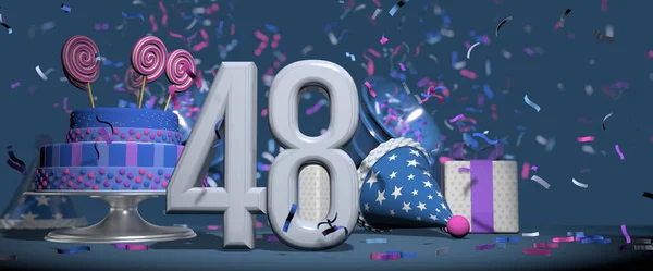 前景の白い数字48 キャンディロリポップで飾られた誕生日ケーキ ギフト 濃い青の背景にピンクと紫のコンフェッティを撃つバグル付きのパーティー帽子 3Dイラスト — ストック写真