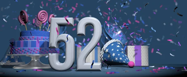 前景の白い数字52 キャンディロリポップで飾られた誕生日ケーキ ギフト 濃い青の背景にピンクと紫のコンフェッティを撃つバグル付きのパーティー帽子 3Dイラスト — ストック写真